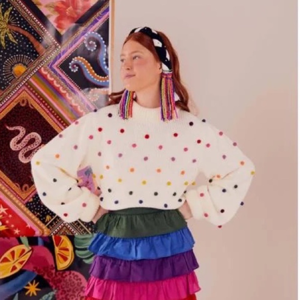FARM RIO Dot Sweater Pom Pom White Large
